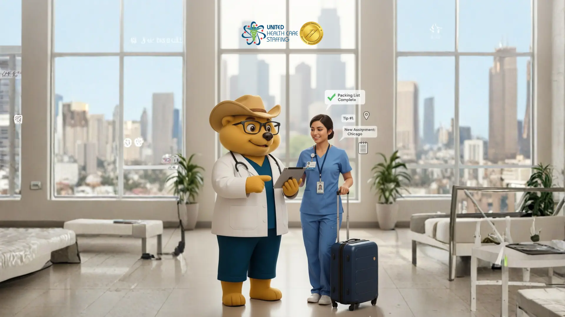An image featuring a friendly bear mascot named Uni-Ted dressed as a healthcare professional in a white lab coat, stethoscope, and a cowboy hat. He is standing in a bright, modern glass-walled room with a city skyline in the background, showing a female healthcare worker in blue scrubs a tablet. She is holding a blue suitcase, and floating digital icons above her indicate a "Packing List Complete" and a "New Assignment: Chicago." The "United Health Care Staffing" logo and a gold seal are displayed at the top.